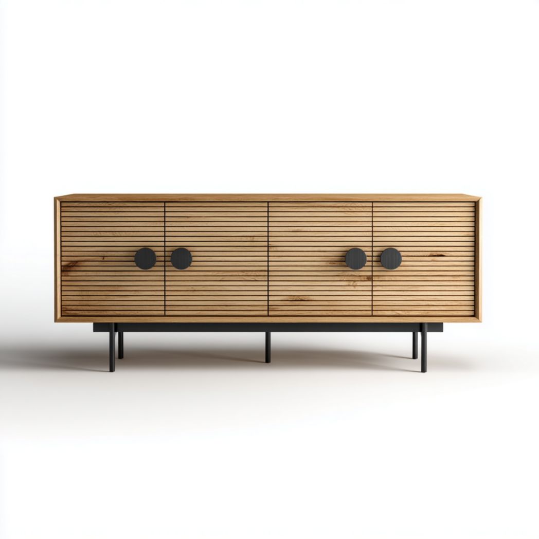 Meuble TV bois avec poignées et pieds en métal noir