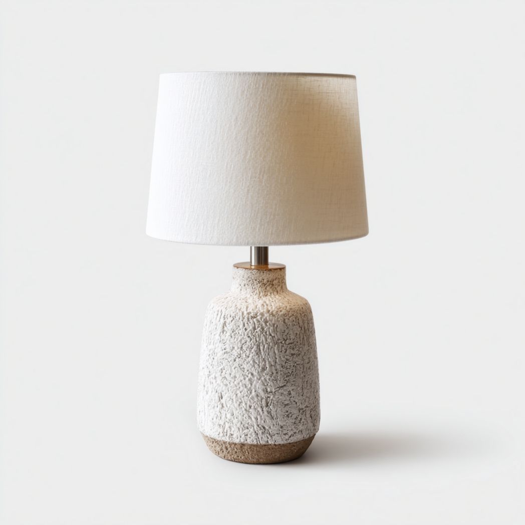 Lampe de table céramique blanche base brune abat-jour beige