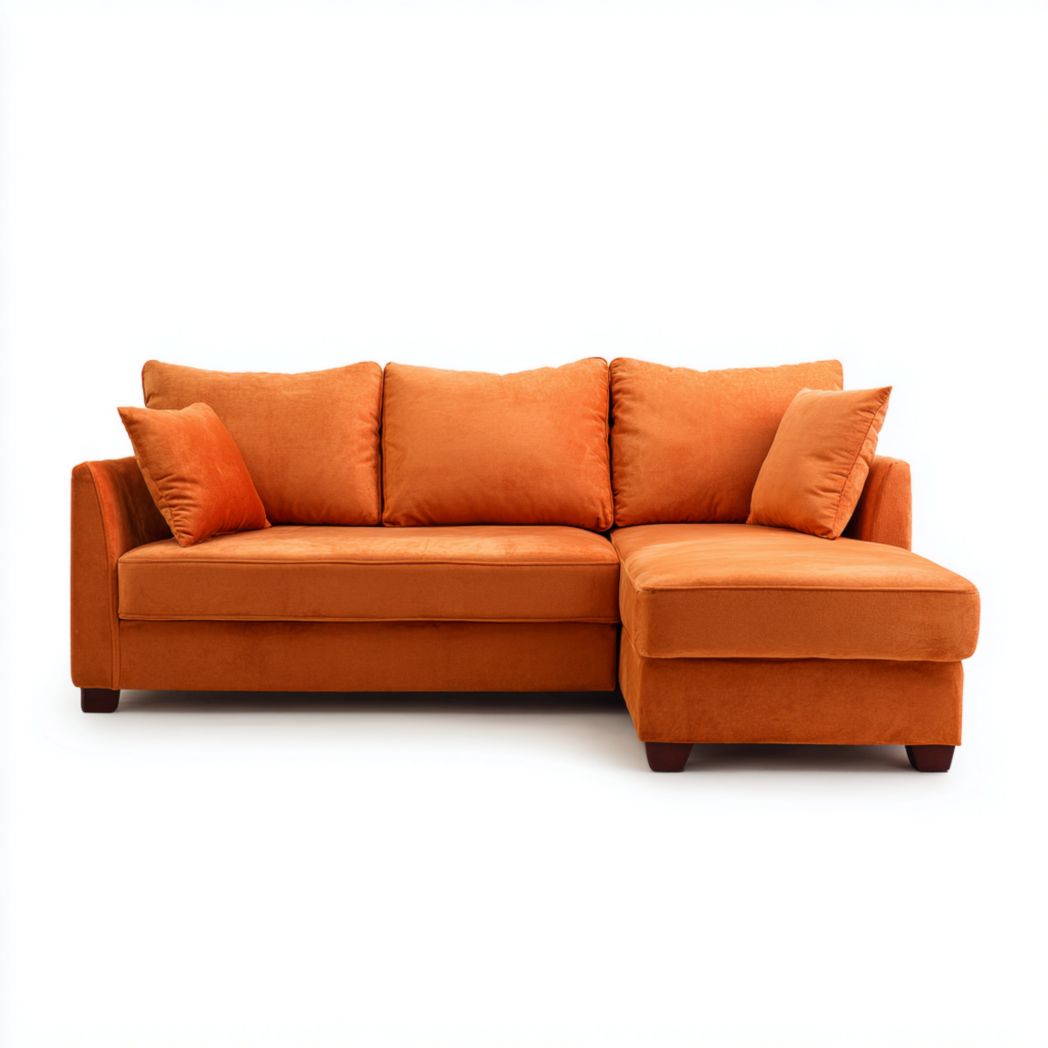 Canapé d’angle en velours orange avec méridienne droite et 2 coussins
