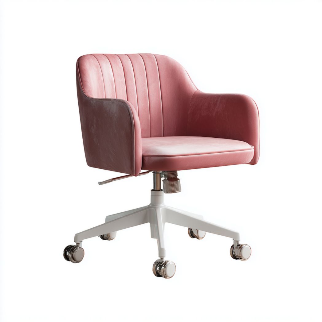 Chaise de bureau pivotante en velours rose avec base en métal blanc
