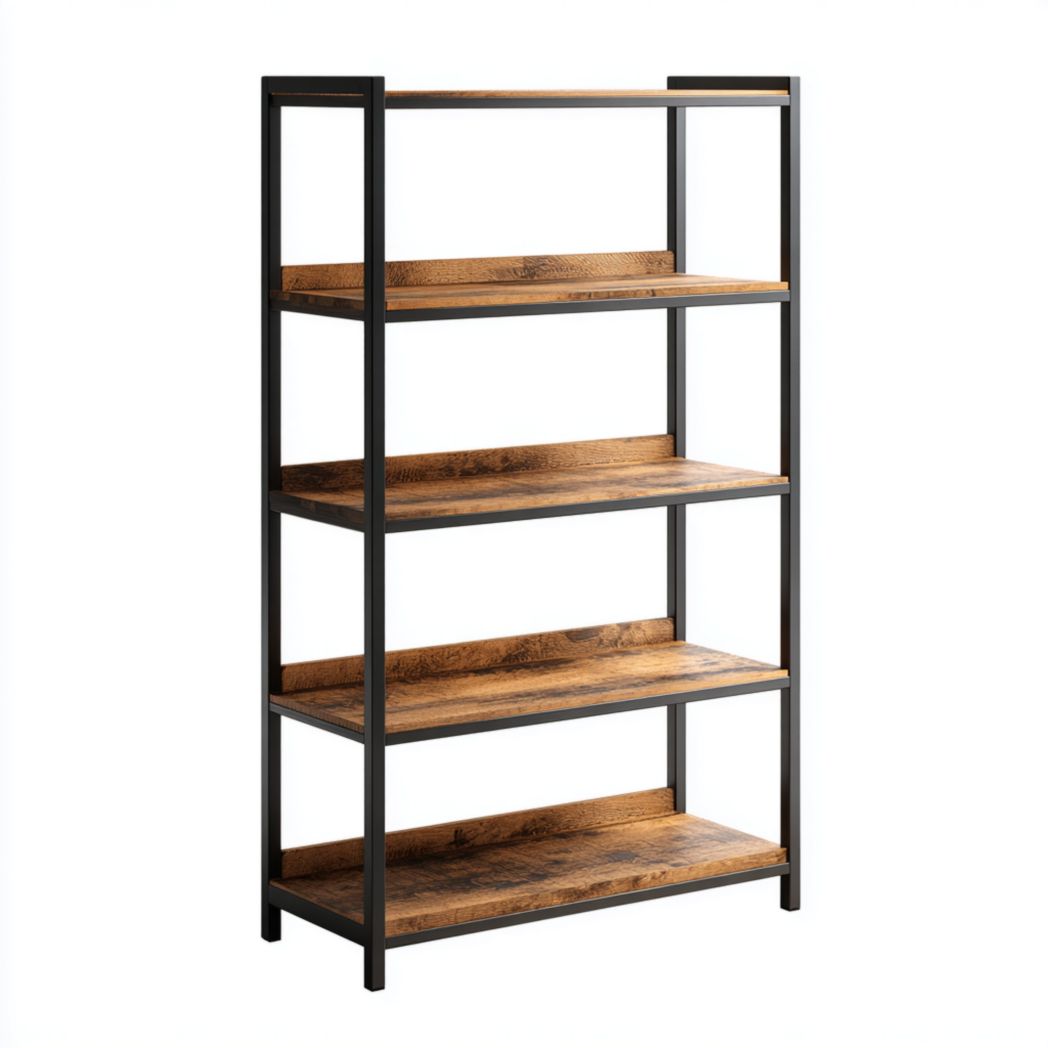 Étagère quatre niveaux bois brun et cadre métal noir