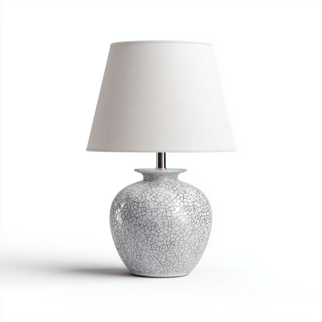 Lampe de table en céramique gris blanc à motif craquelé avec abat-jour en tissu blanc