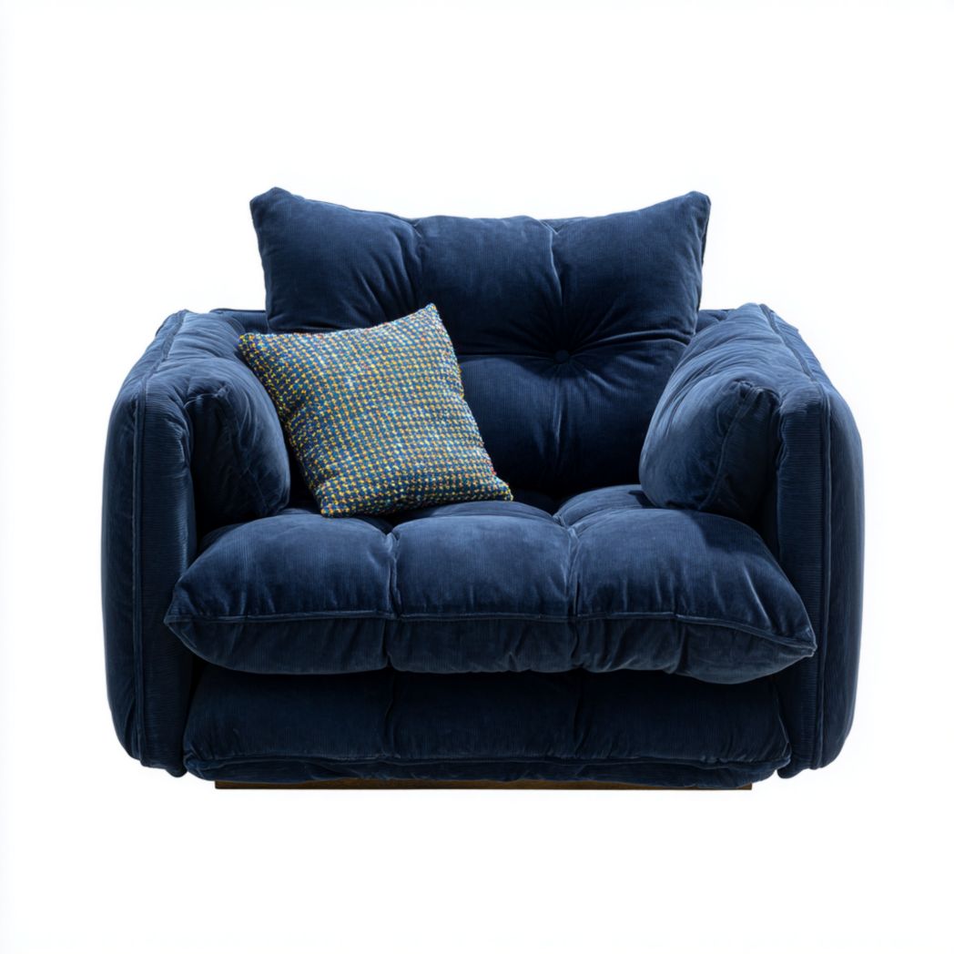 Canapé droit en velours bleu avec coussin