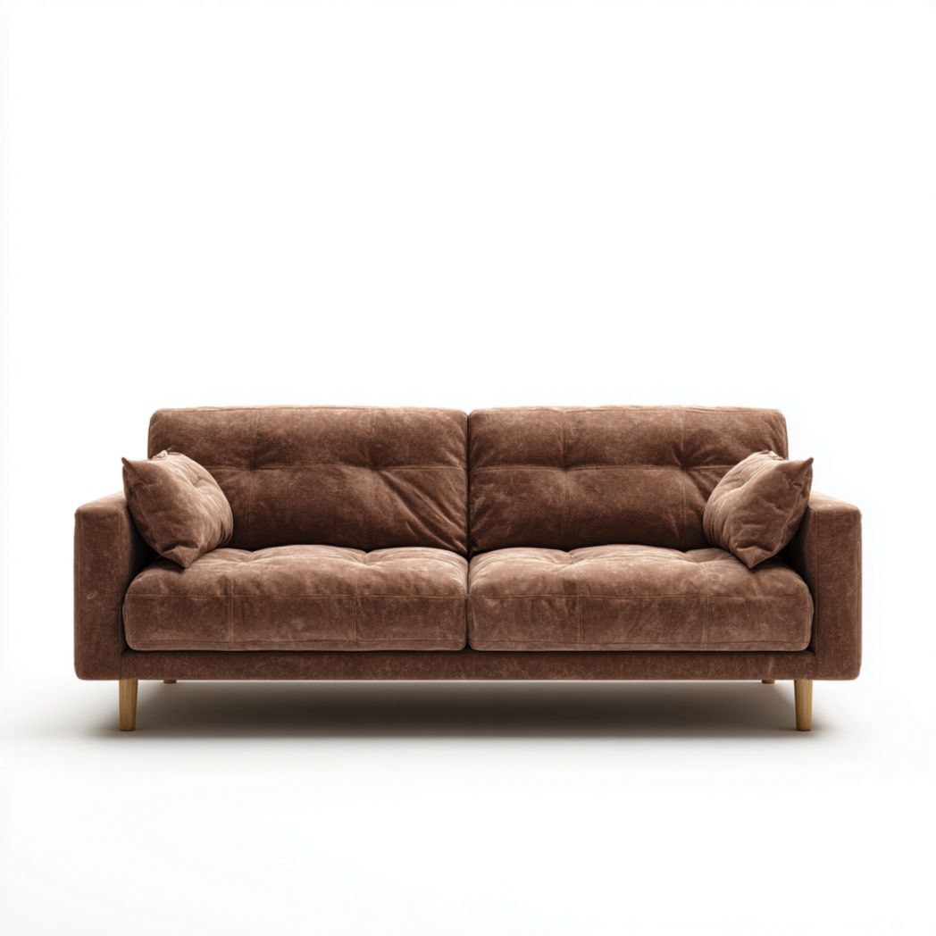 Canapé droit 2 places en tissu marron avec coussins assortis