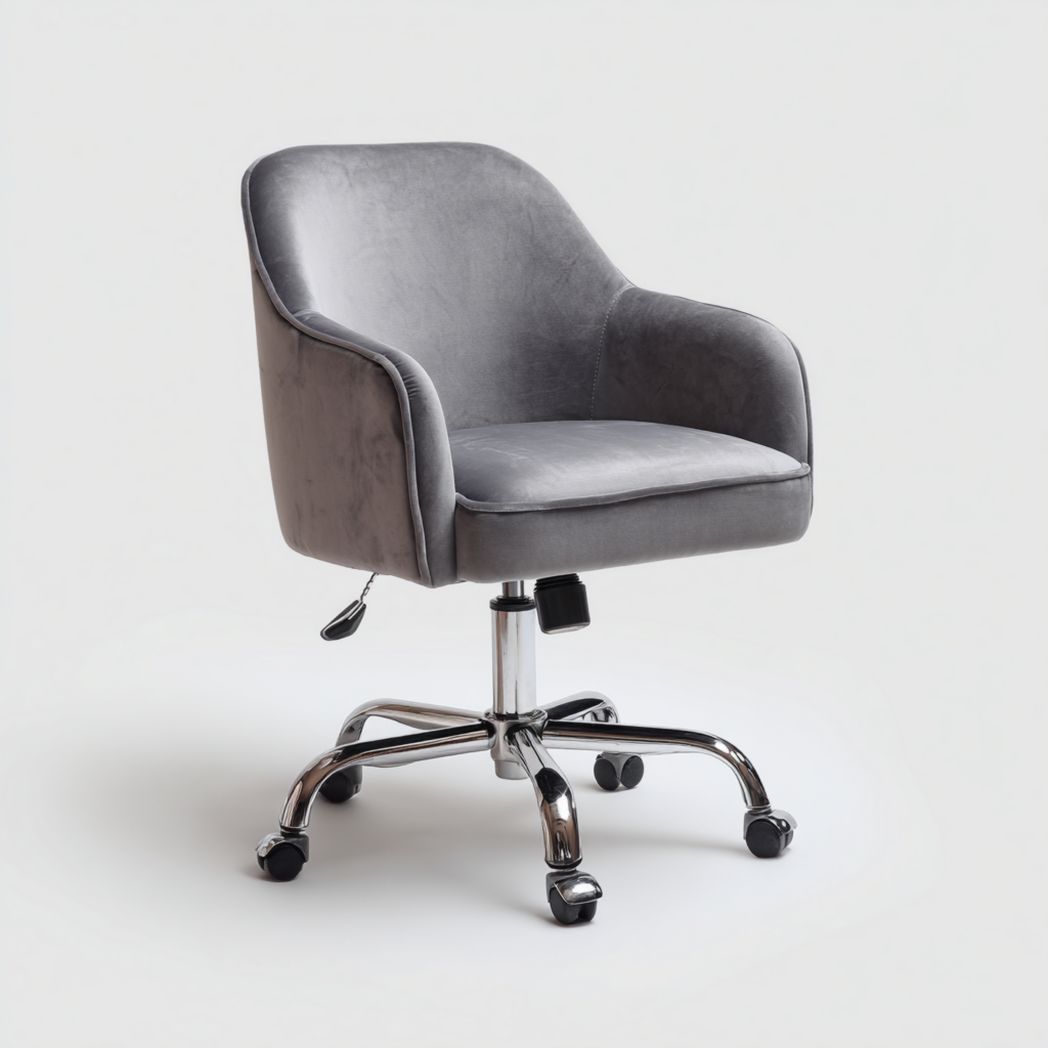 Chaise de bureau en velours gris avec base métallique chromée
