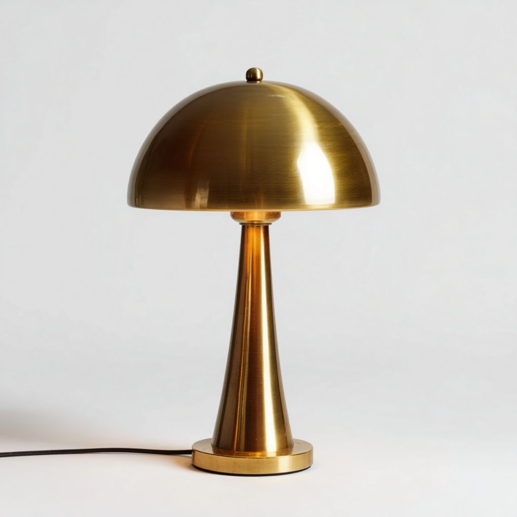 Lampe de table en métal doré avec pied conique et abat-jour hémisphérique