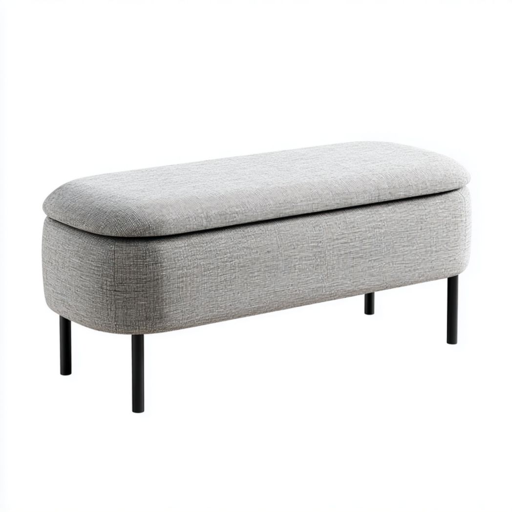 Banc rectangulaire sans dossier en tissu gris clair avec pieds en métal noir