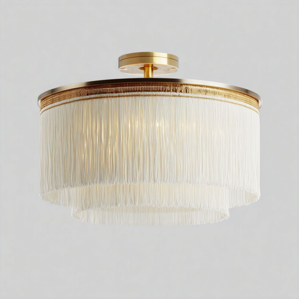 Plafonnier rond en métal doré avec franges blanches