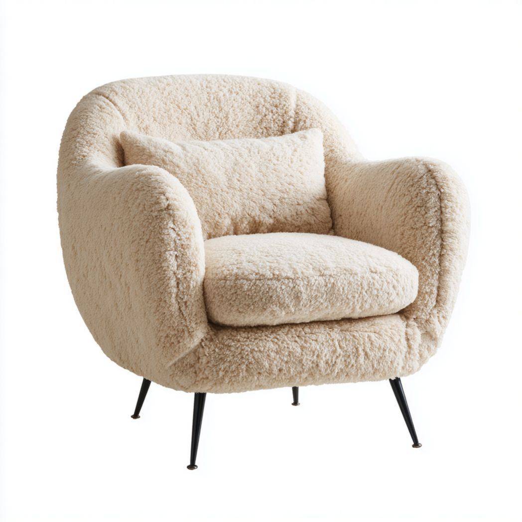 Fauteuil en cuir d'agneau beige avec coussins et assise, pieds en métal noir