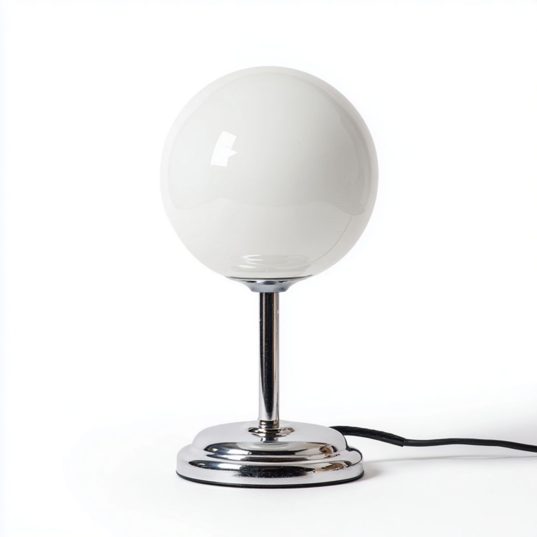 Lampe de table globe en verre blanc avec base en métal chromé