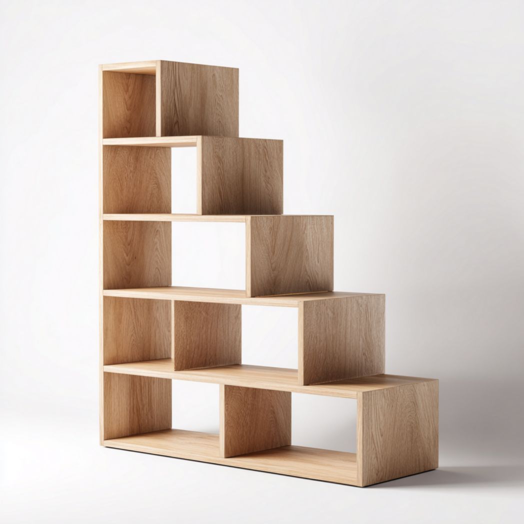 Bibliothèque en bois massif brun clair avec cinq étagères en forme d'escalier