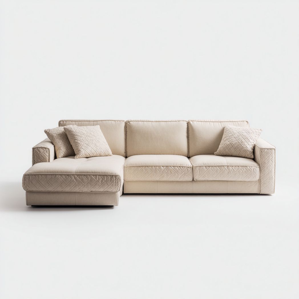 Canapé d’angle en tissu beige avec méridienne gauche et 3 coussins