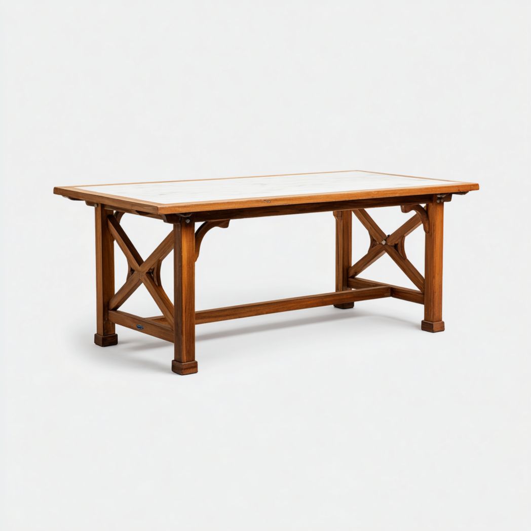 Table de jardin rectangulaire en bois brun avec plateau en marbre blanc