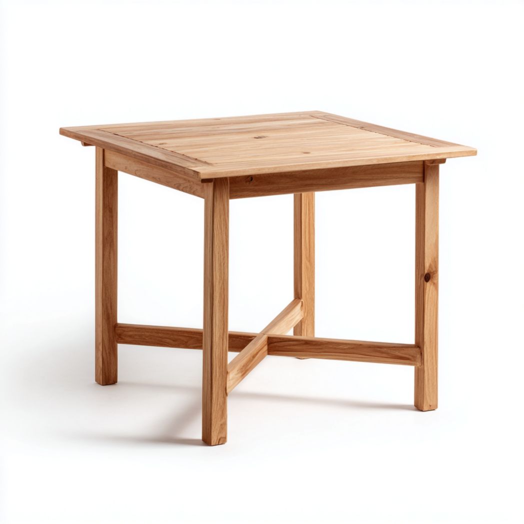 Table de jardin carrée en bois brun clair | Plateau à lattes et piètement croisé