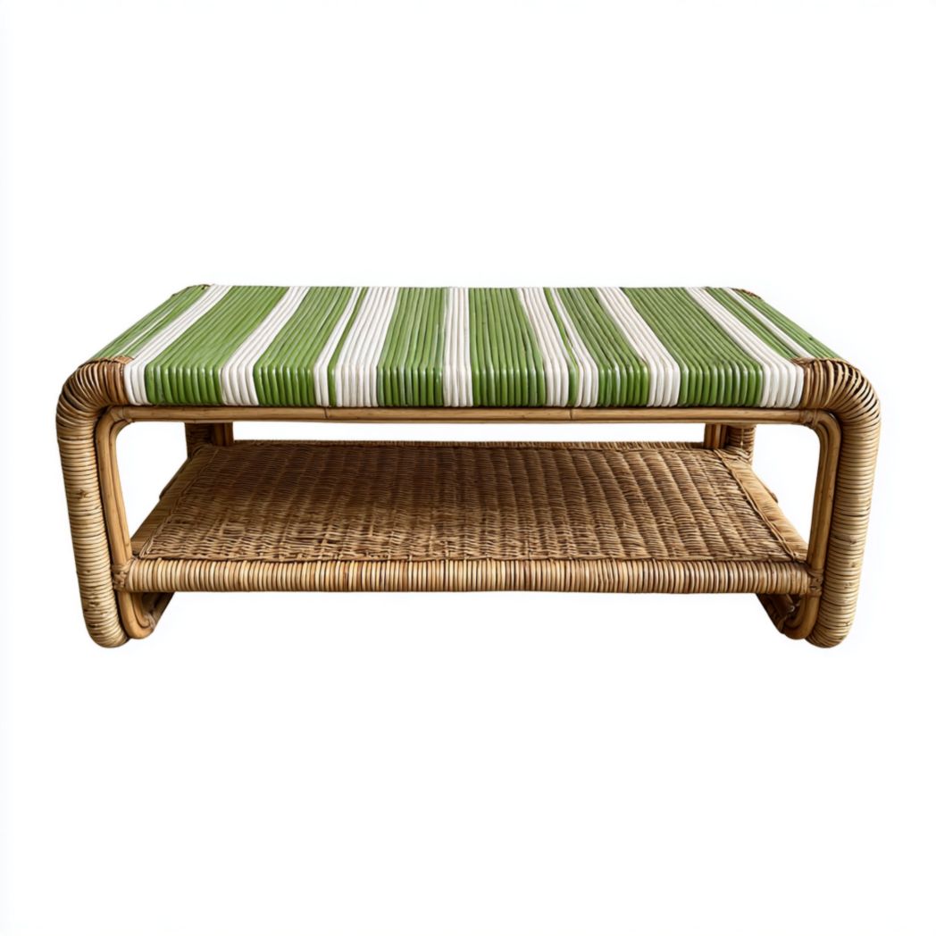 Table basse de jardin rectangulaire structure en rotin plateau rayé vert et blanc