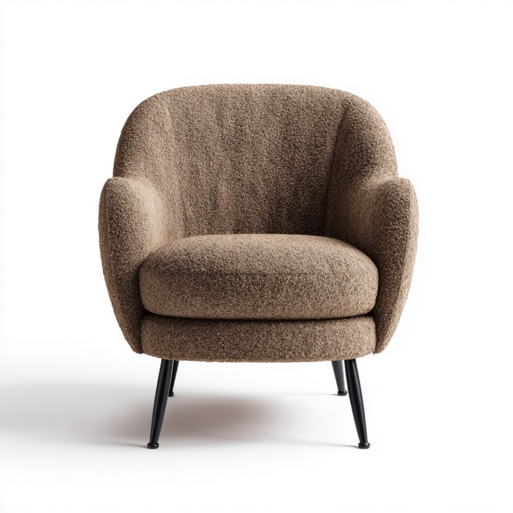 Fauteuil en tissu brun avec coussin d’assise et pieds en métal noir