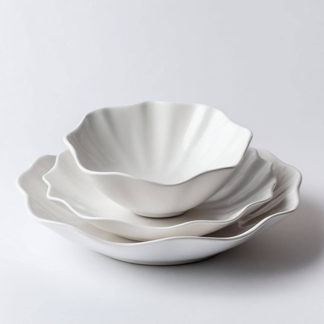 Service de table 3 pièces en céramique blanche (bol et assiettes rondes à bord ondulé)