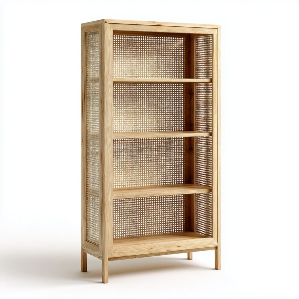 Bibliothèque en bois brun clair à quatre étagères avec panneaux latéraux en rotin
