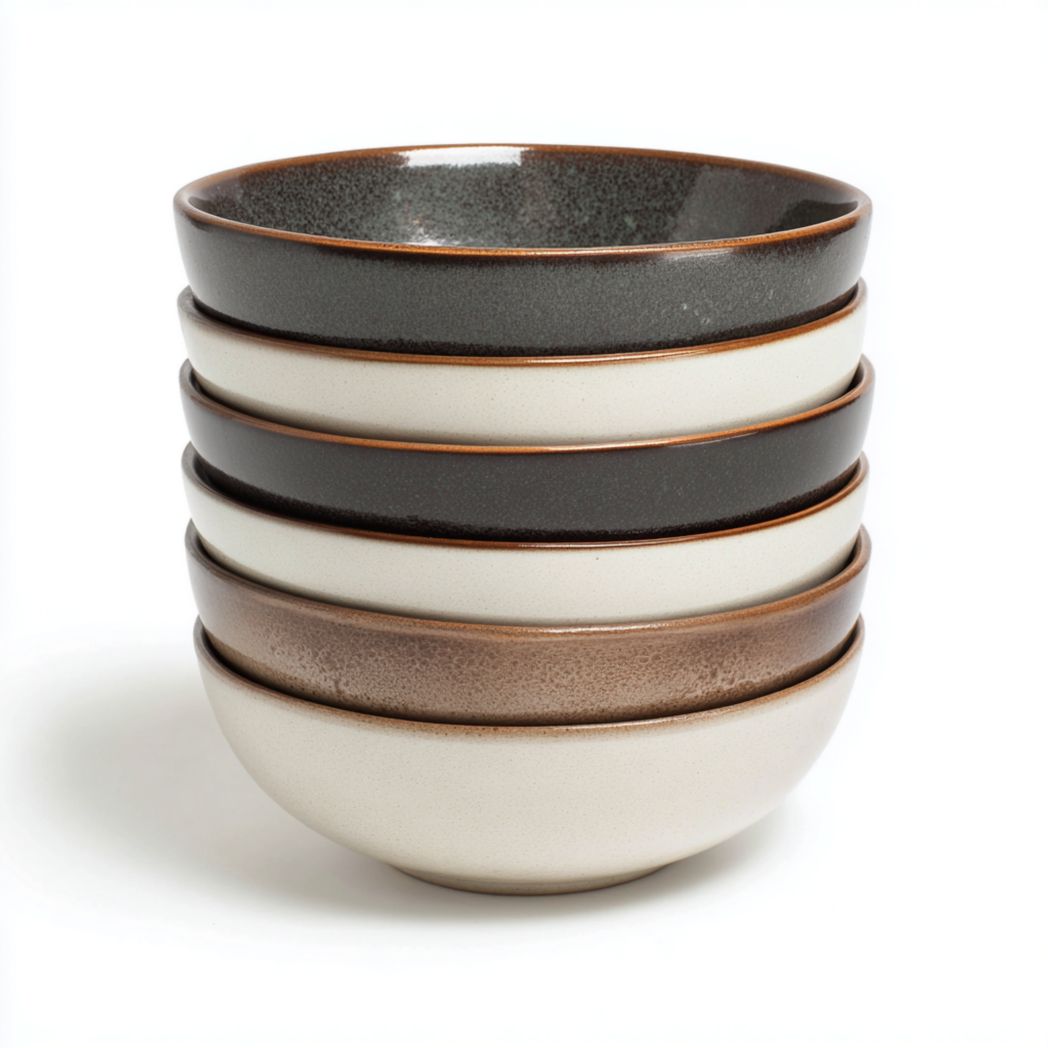 Bol en céramique à glaçure dégradée noir, blanc et brun, forme ronde à pied bas, lot de 6