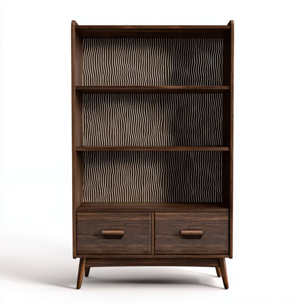 Bibliothèque en noyer foncé avec trois étagères et deux tiroirs