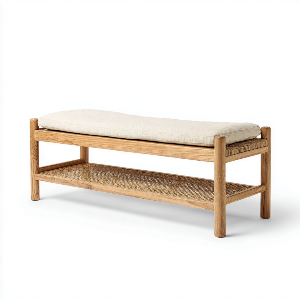 Banc en bois avec coussin en tissu｜Étagère inférieure en rotin