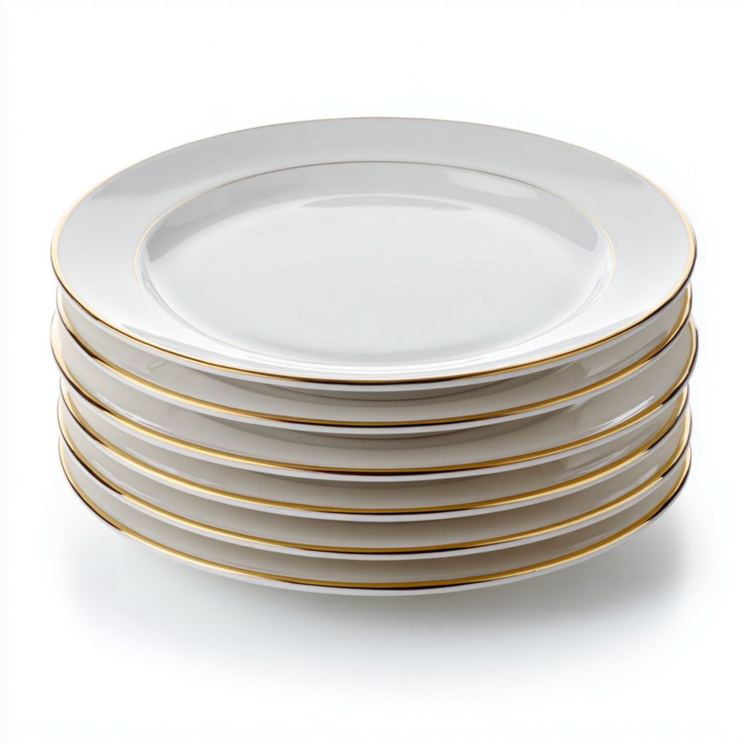 Lot de 6 assiettes en céramique blanches (rondes avec bord doré)