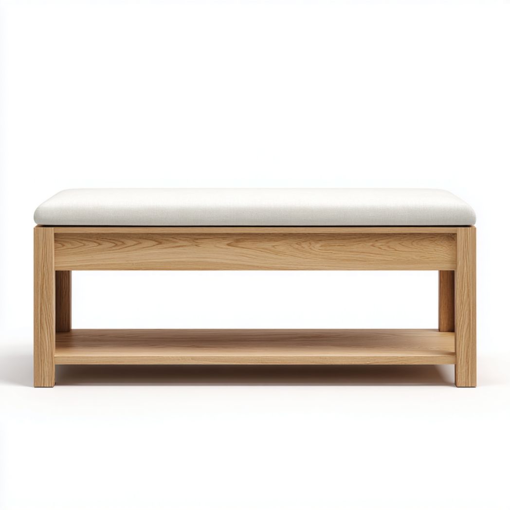 Tabouret rectangulaire en bois avec assise en tissu | Structure et tablette inférieure marron clair