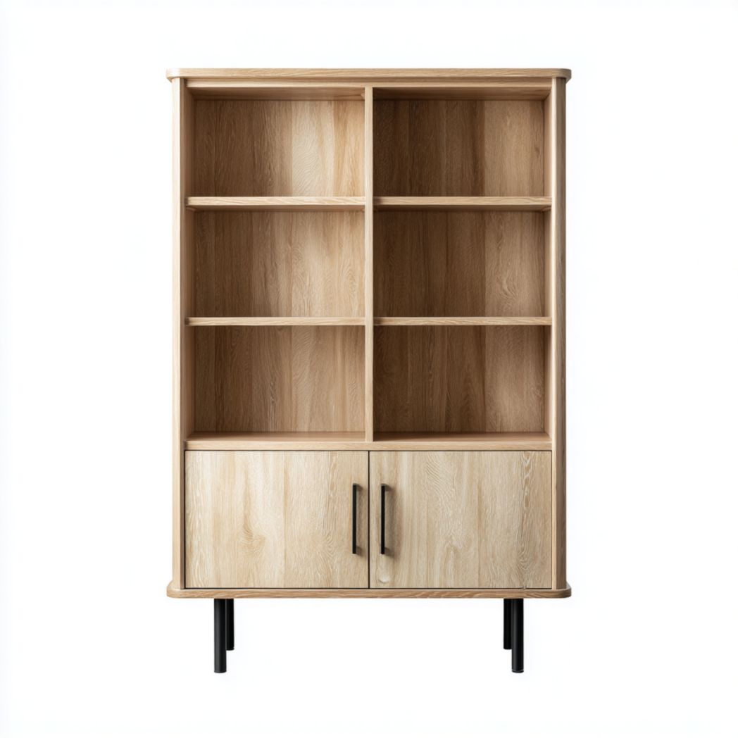 Bibliothèque rectangulaire en bois marron clair avec portes et pieds en métal noir