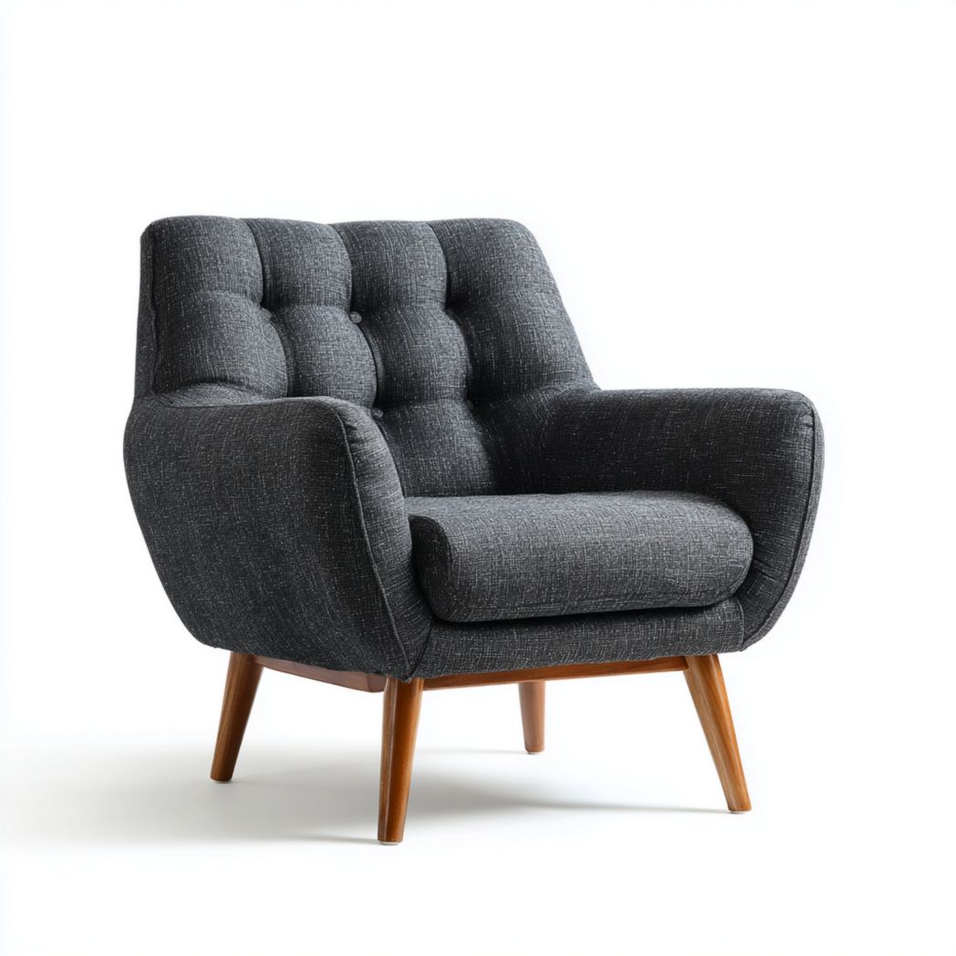 Fauteuil en tissu gris foncé avec coussin d’assise, pieds en bois