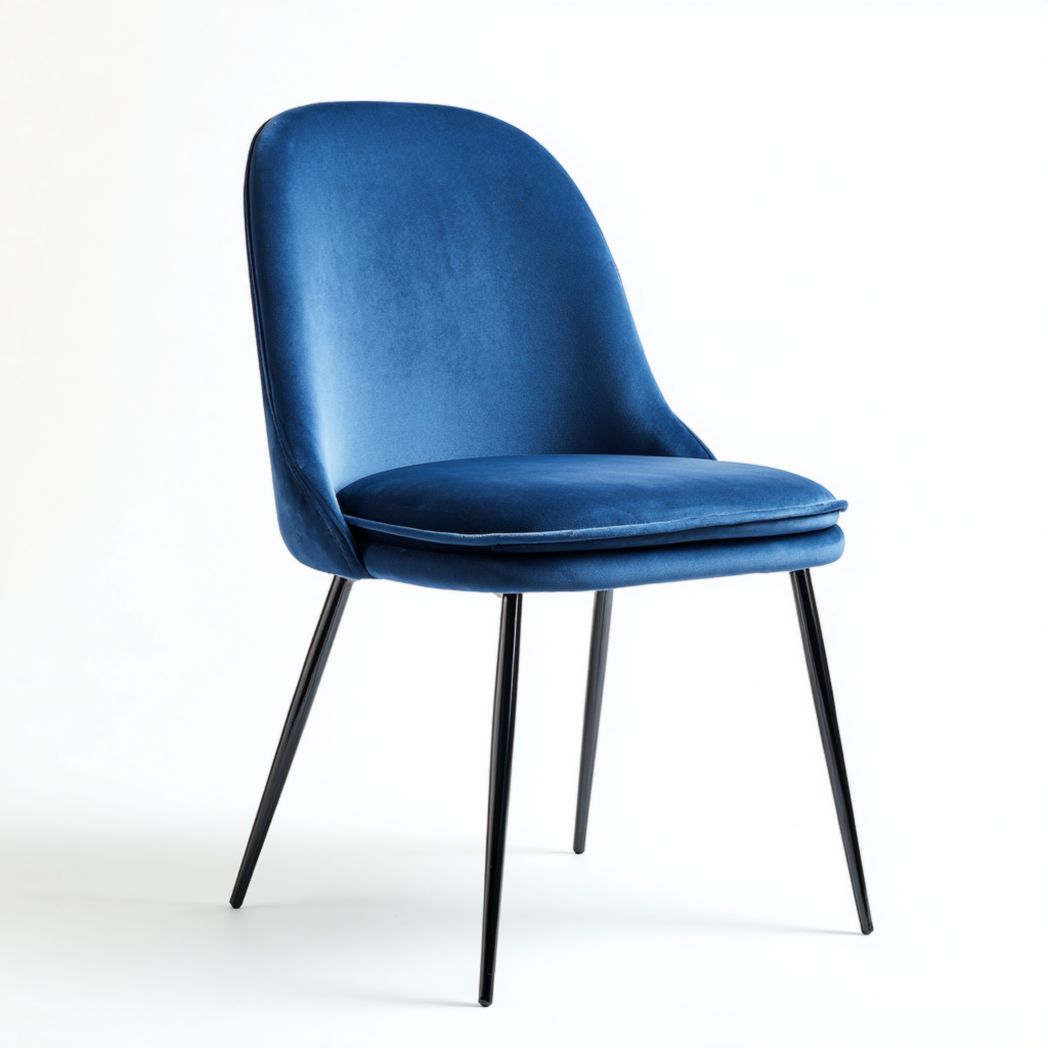 Chaise de salle à manger en velours bleu foncé｜Dossier arrondi, assise à double coussin, 4 pieds métalliques noirs