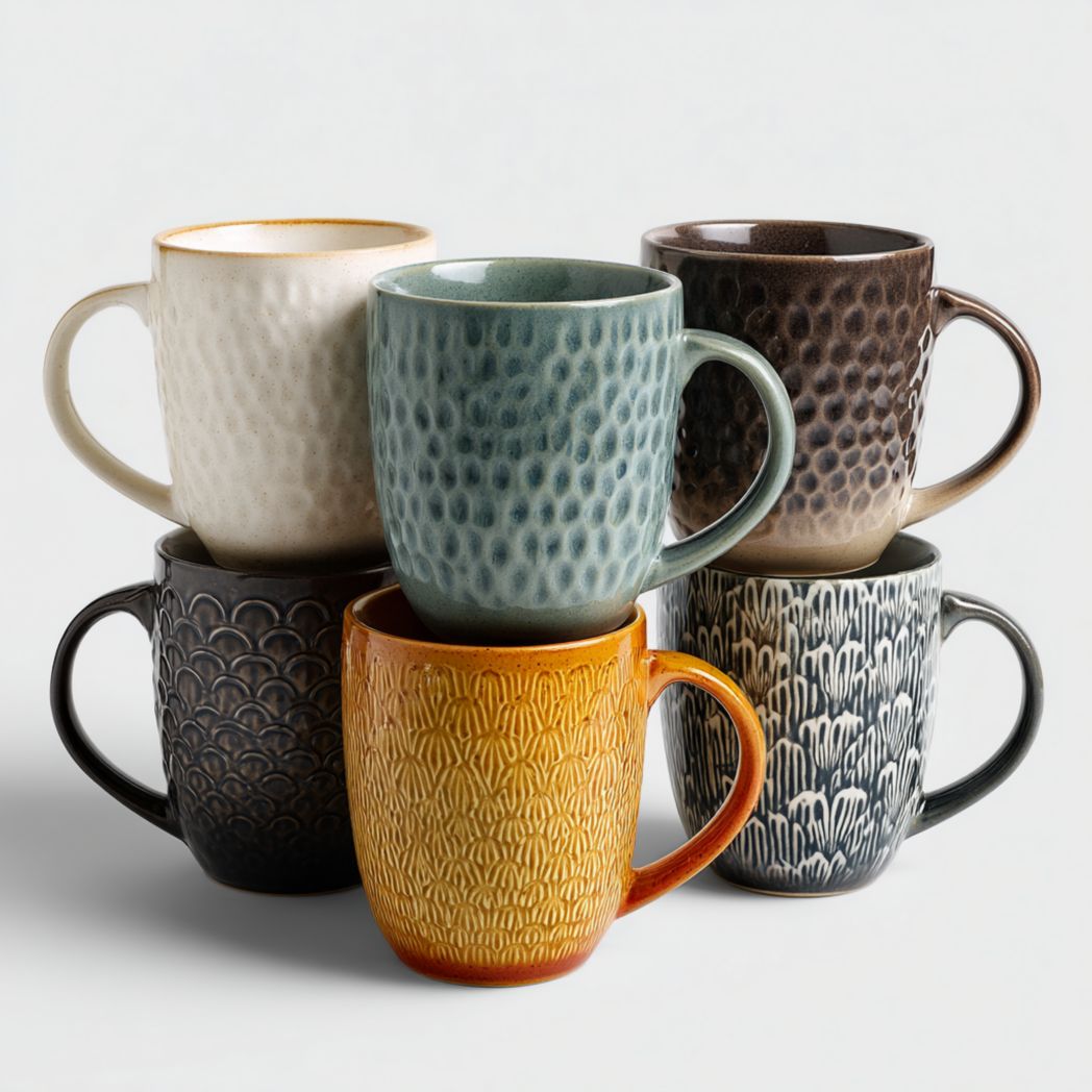 Lot de 6 mugs en céramique multicolores à motifs en relief avec anse
