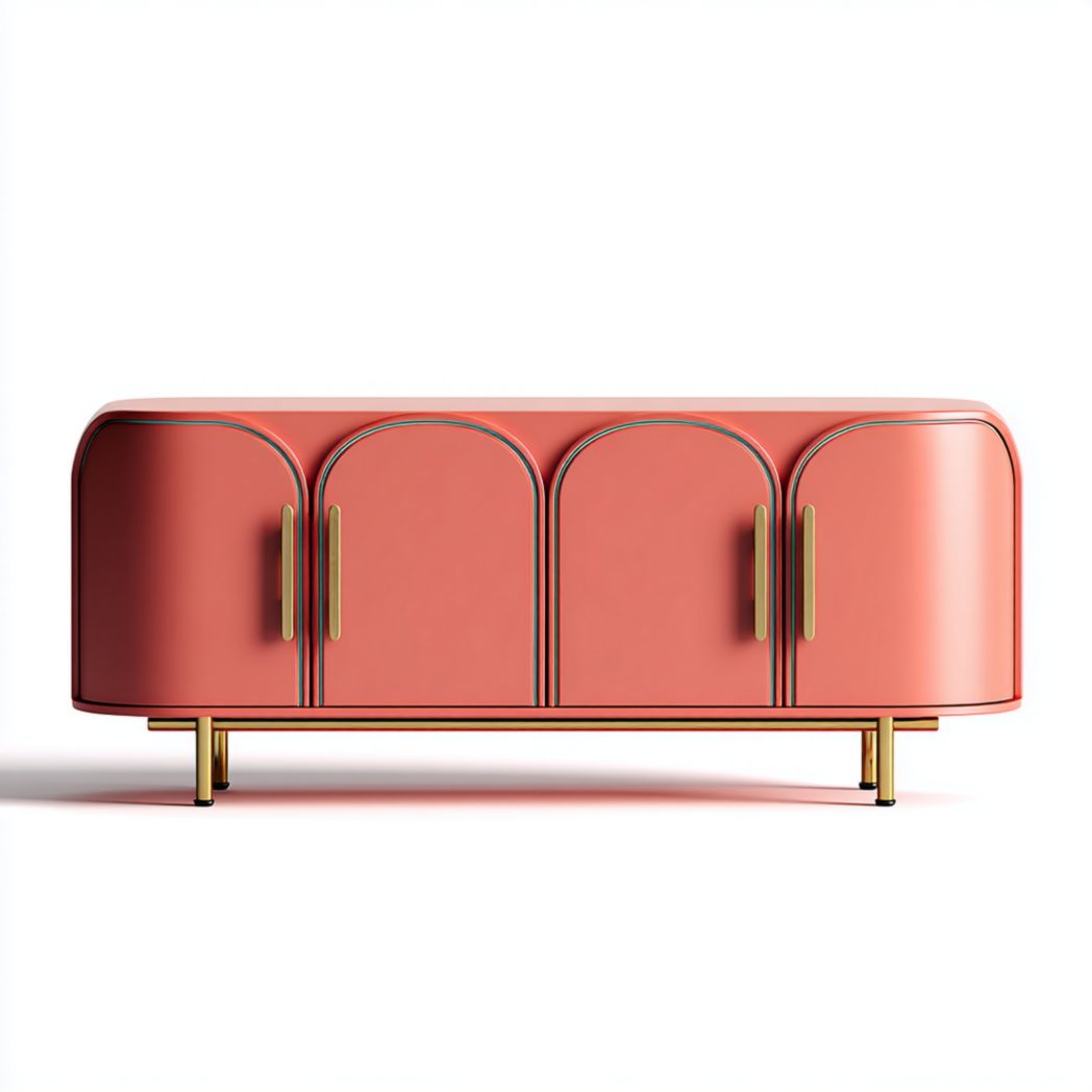 Meuble TV rouge laqué à quatre portes courbées avec pieds métalliques