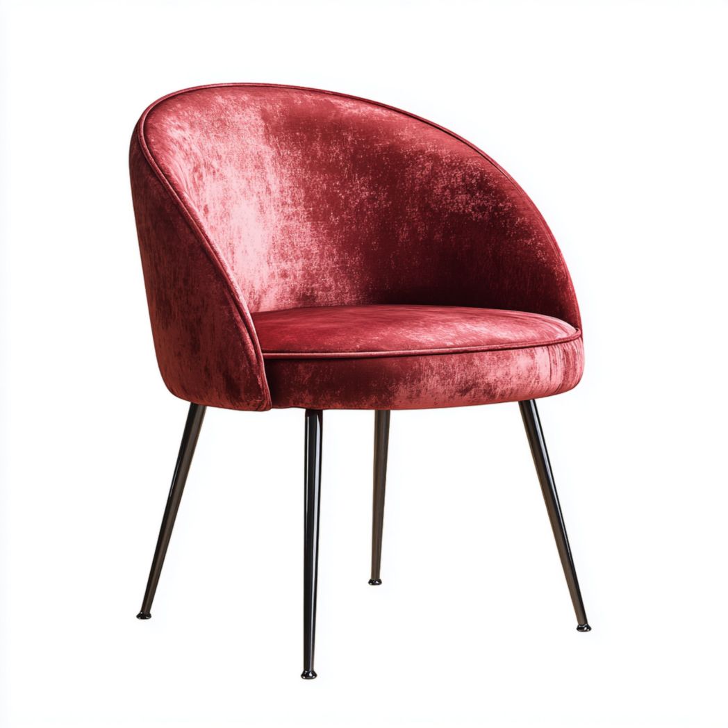Fauteuil en velours rouge monobloc avec dossier arrondi et pieds en métal noir