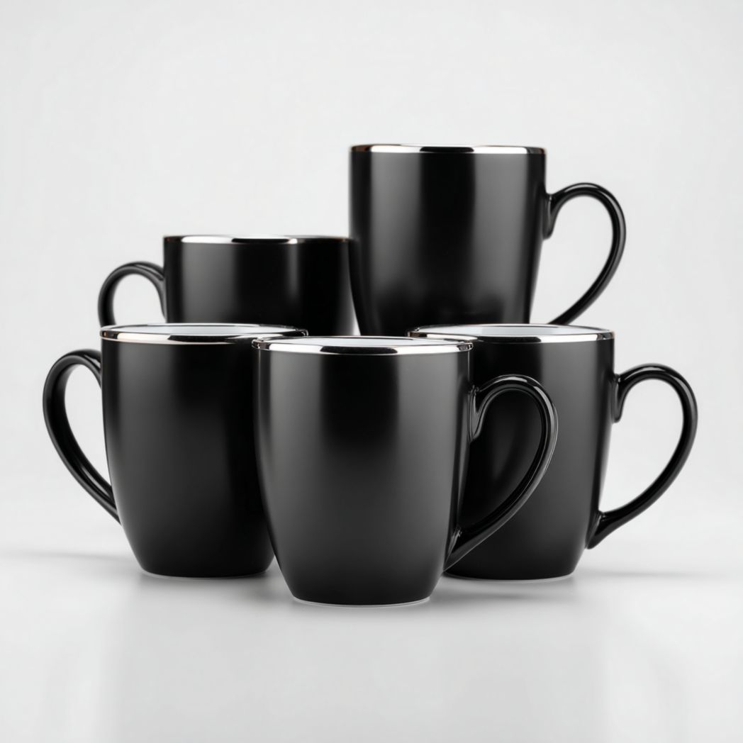 Lot de 5 mugs en céramique noirs avec intérieur blanc et anse ronde
