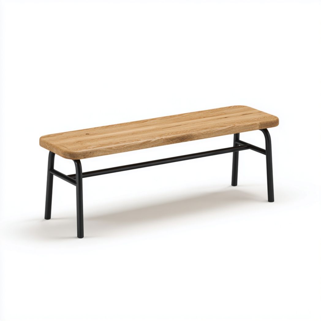 Tabouret en bois brun clair | Assise rectangulaire en bois, structure en métal noir, 4 pieds