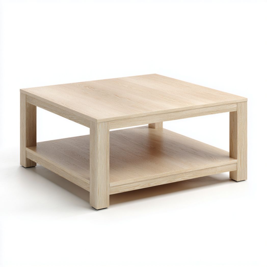 Table basse de jardin carrée, bois brun clair, double plateau