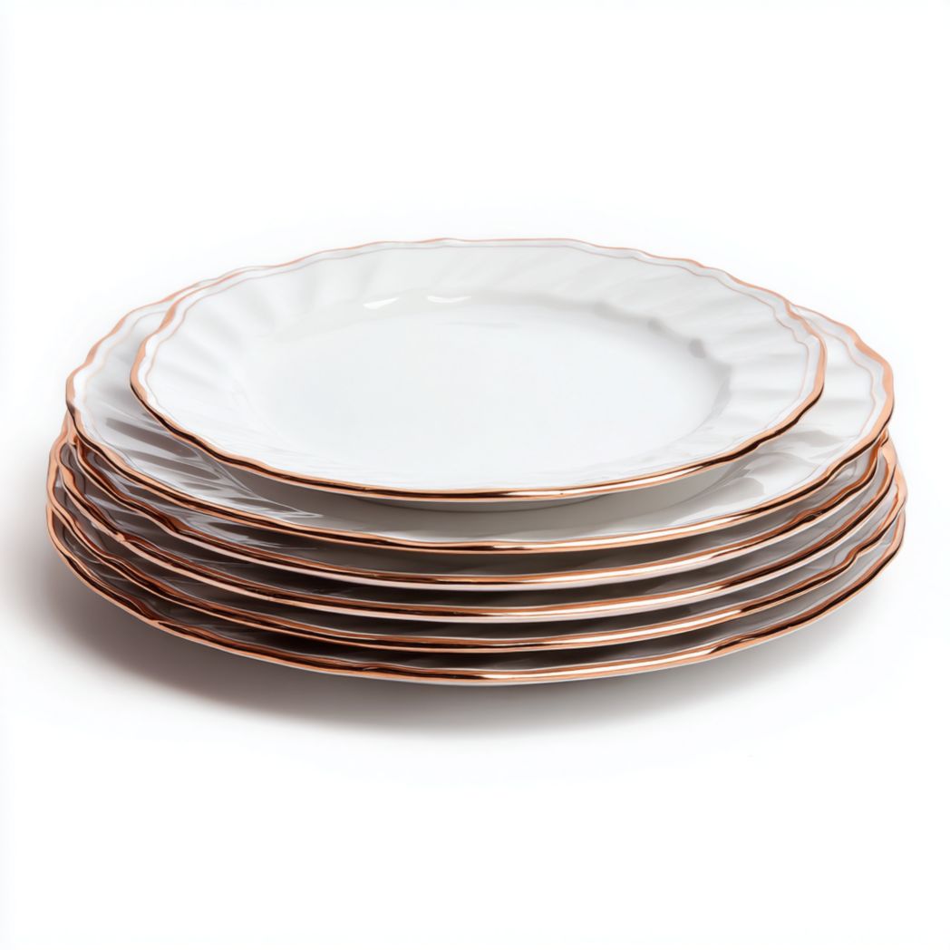 Lot de 6 assiettes en céramique blanches (rondes à bord ondulé et liseré doré)