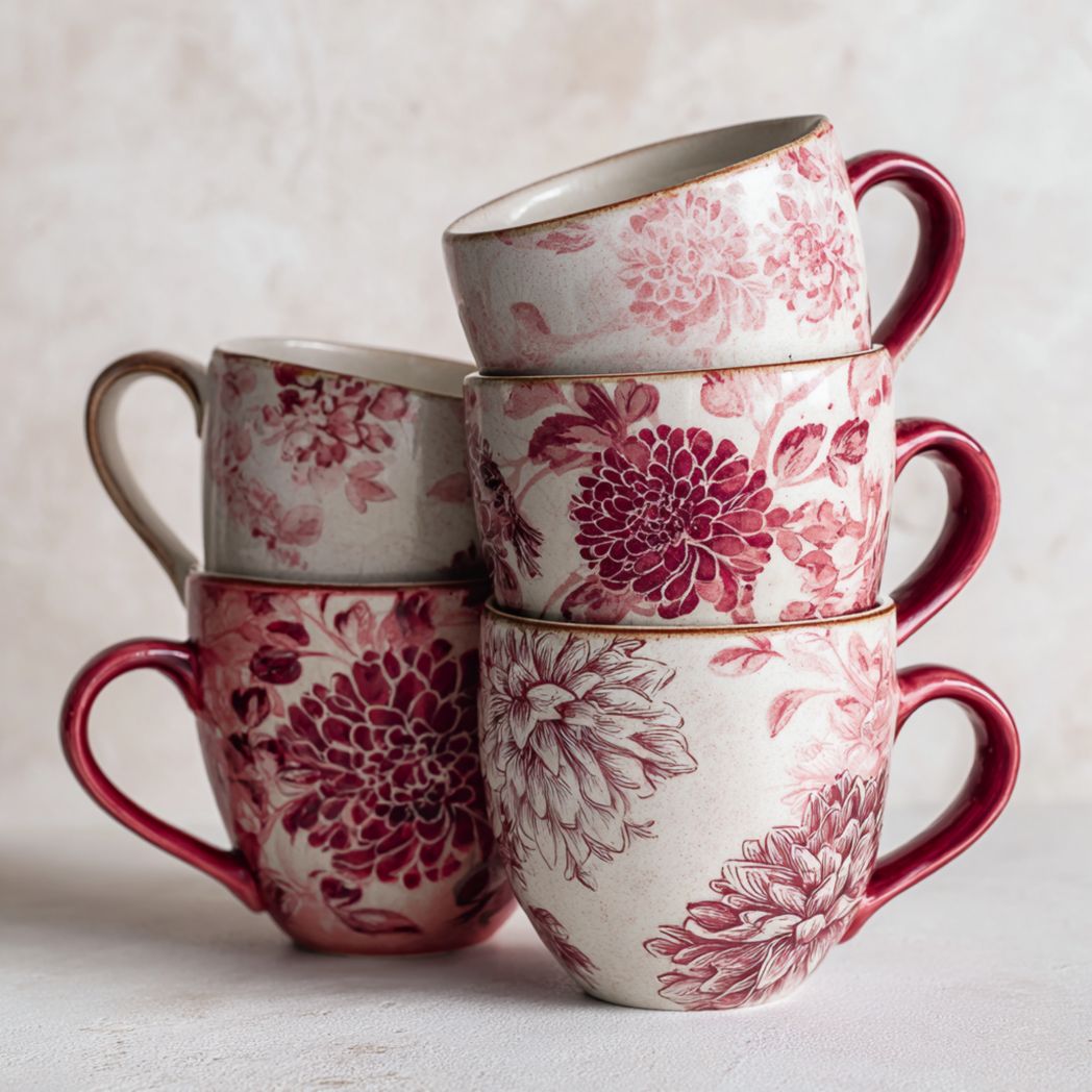 Lot de 5 mugs en céramique à motifs floraux rouges avec anse