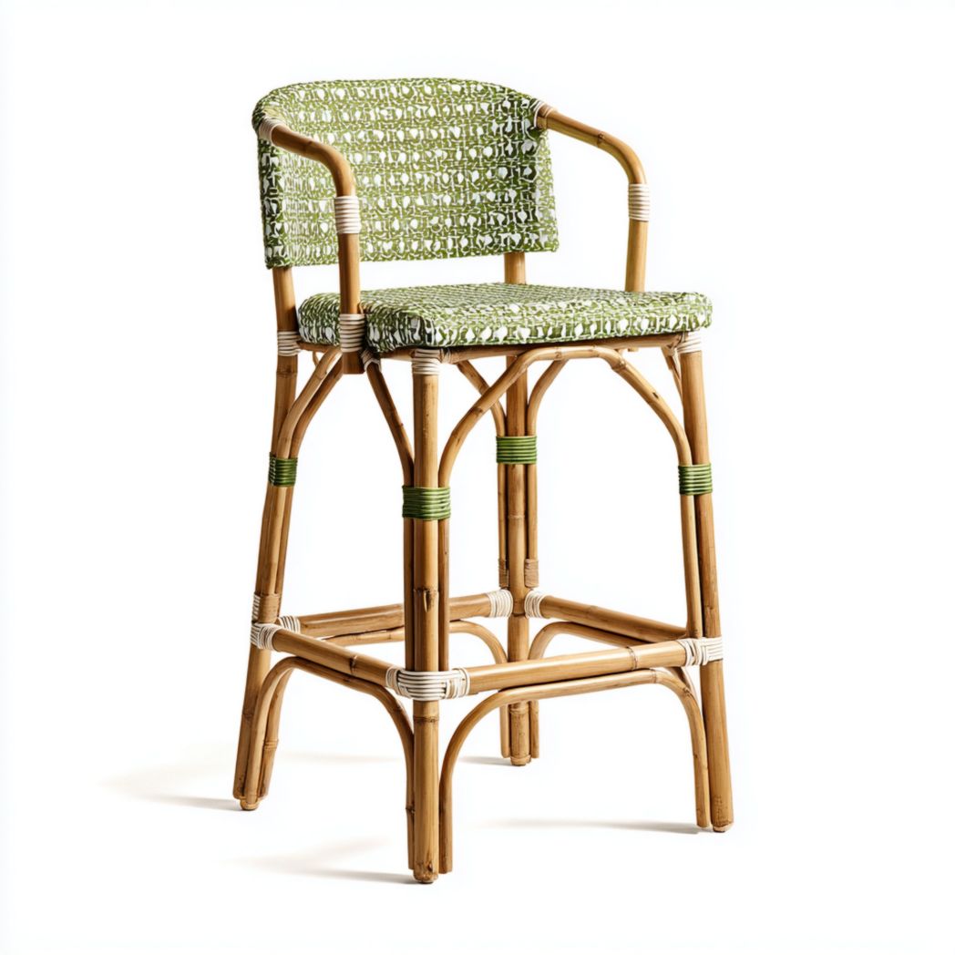 Chaise haute de jardin en rotin avec accoudoirs et dossier, vert et marron clair - 1 pièce