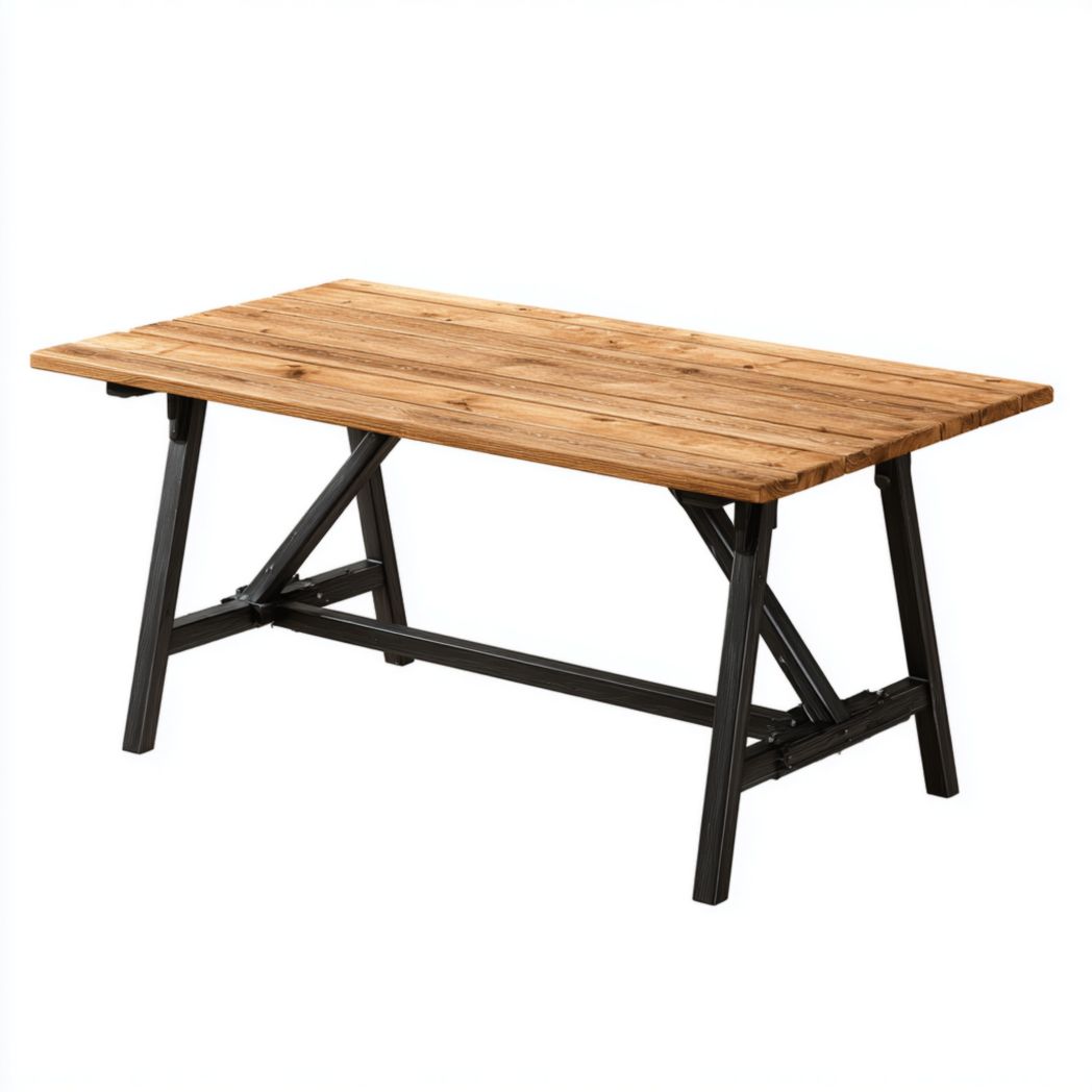 Table de jardin rectangulaire en bois et métal noir｜Plateau à lattes en bois et structure métallique