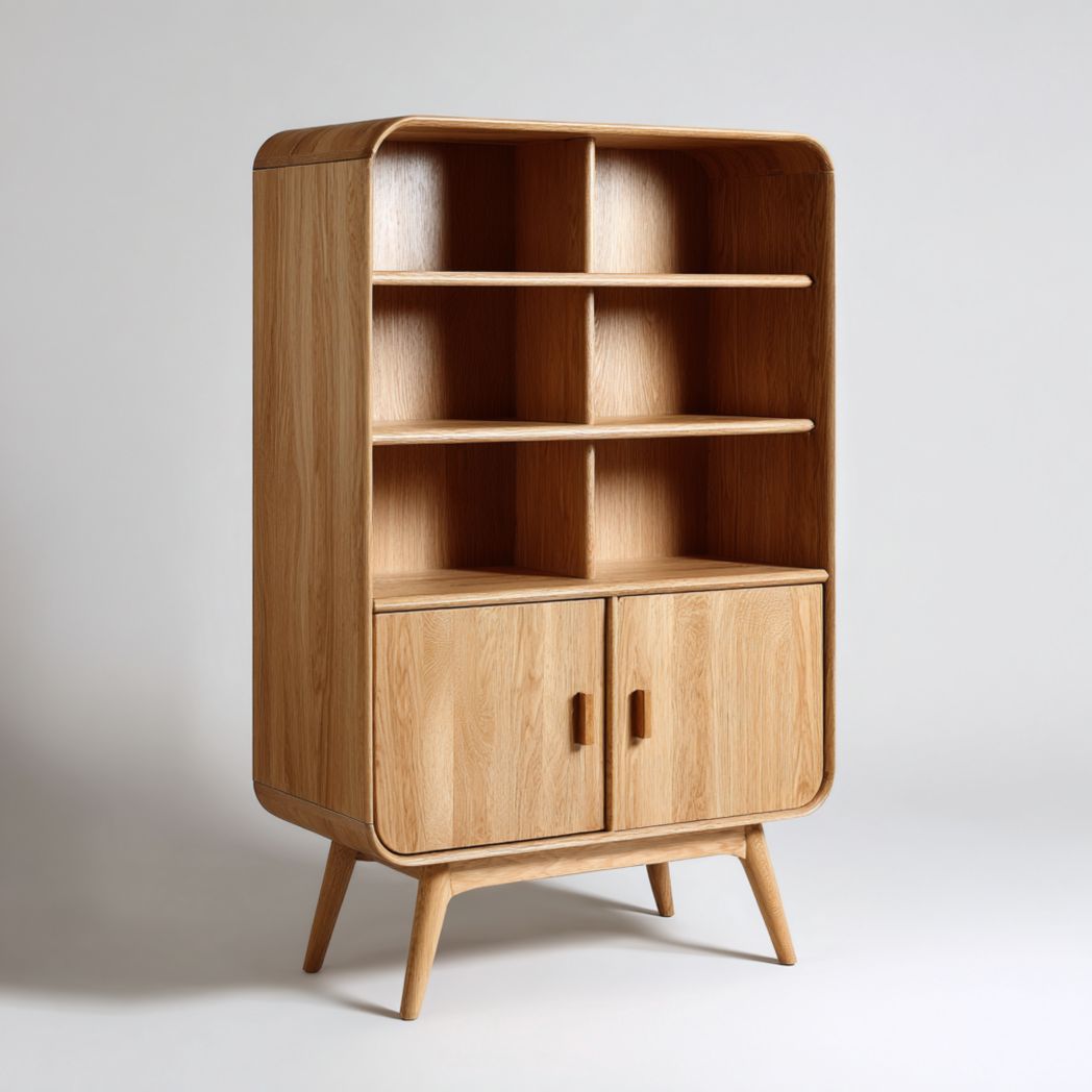 Bibliothèque ouverte marron à six compartiments avec base à double porte