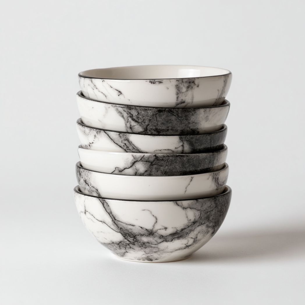Bol en céramique effet marbre noir et blanc, forme ronde à pied bas, lot de 6