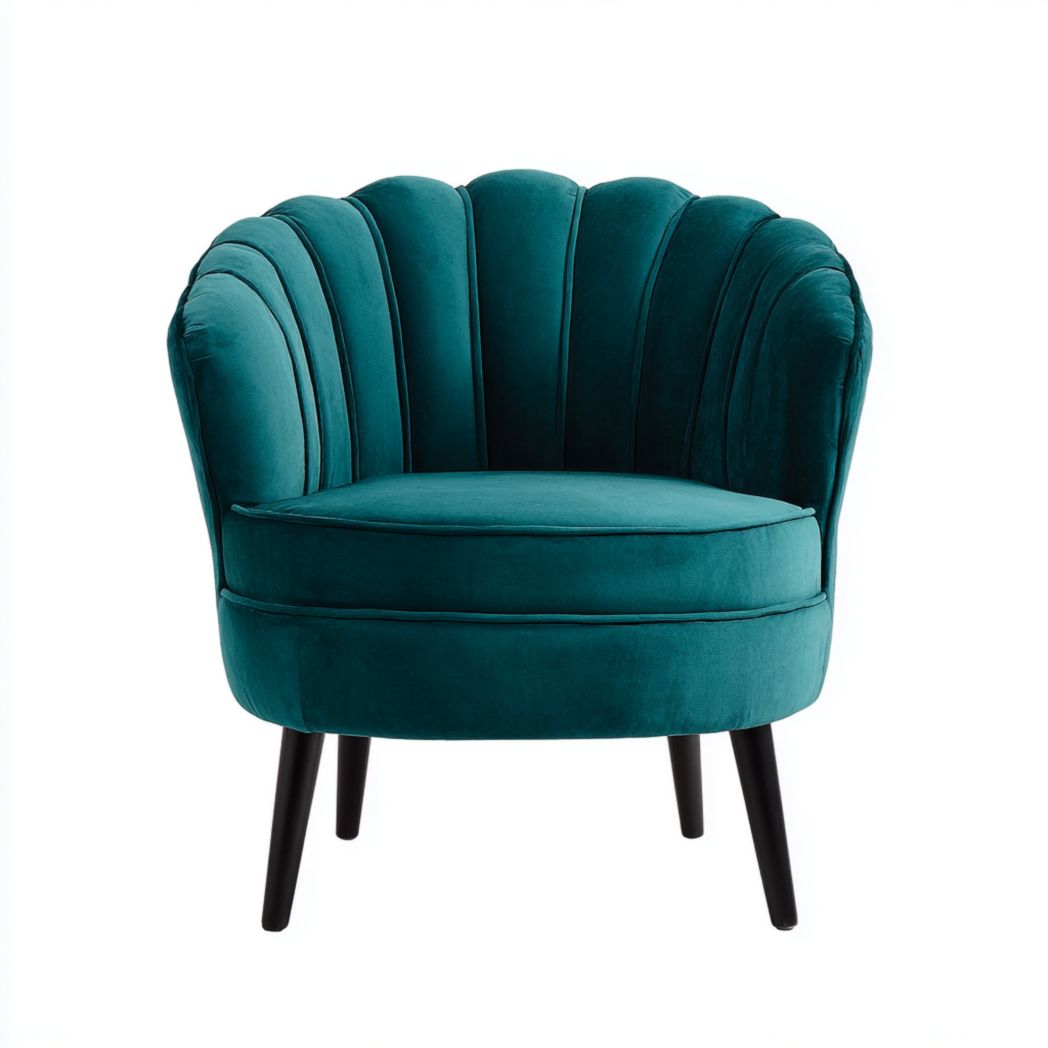 Fauteuil en velours vert forme coquillage assise intégrée