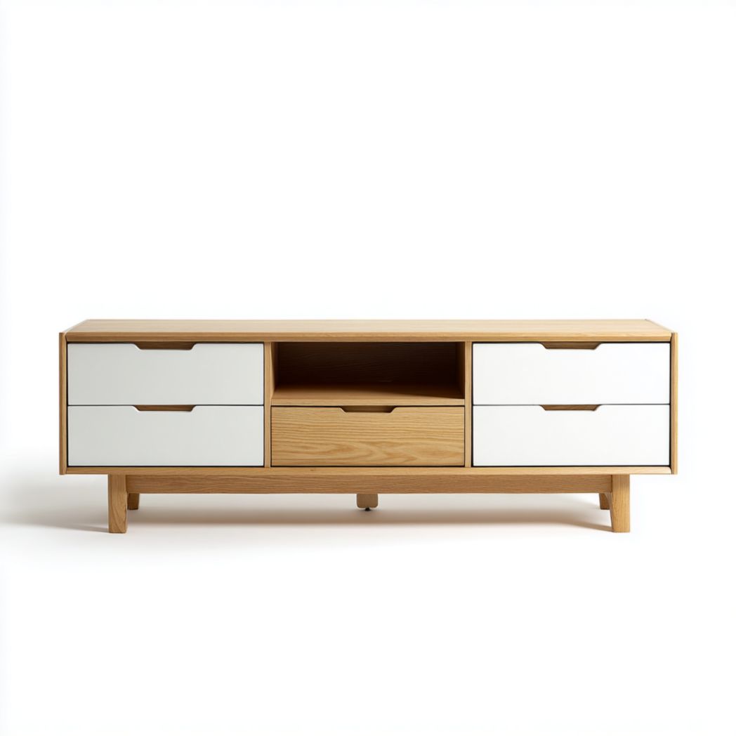 Meuble TV en bois brunl et blanc avec tiroirs multiples et compartiment ouvert