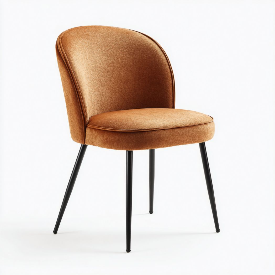 Chaise de salle à manger en velours brun cuivré｜Dossier arrondi, assise rembourrée, 4 pieds métalliques noirs