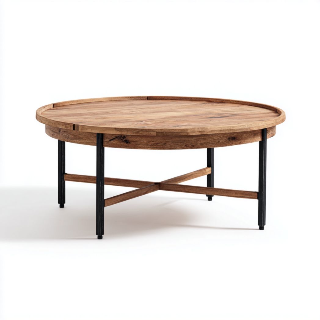 Table basse de jardin ronde en bois avec pieds et traverses en métal noir