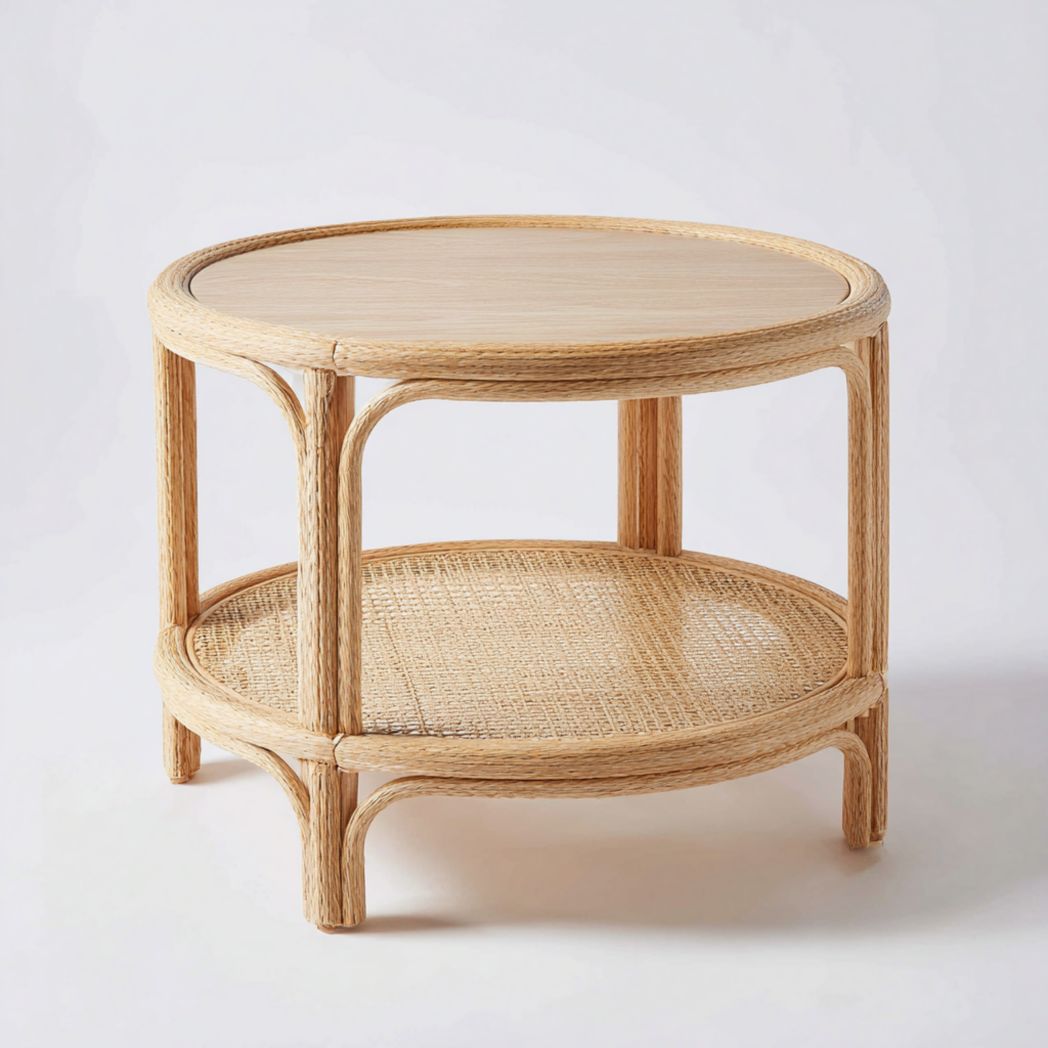 Table basse ronde à deux niveaux en bois brunl et rotin