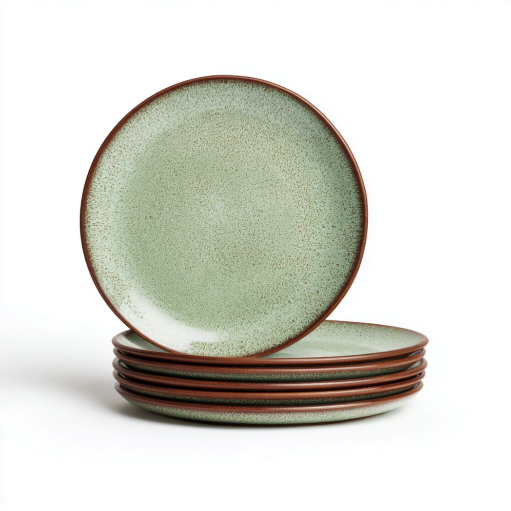 Lot de 6 assiettes en céramique vertes (rondes avec bord brun)