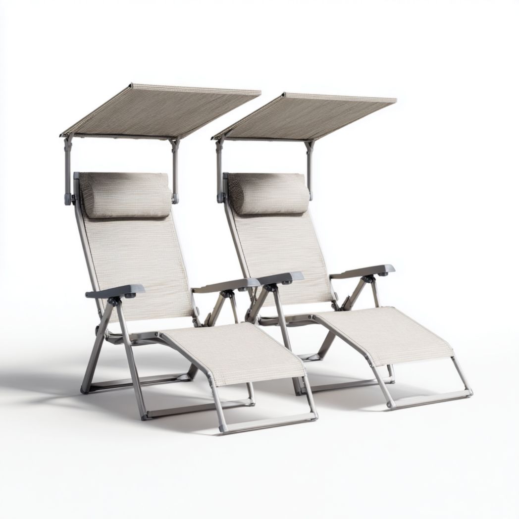 Lot de 2 chaises longues pliantes métal toile beige avec pare-soleil