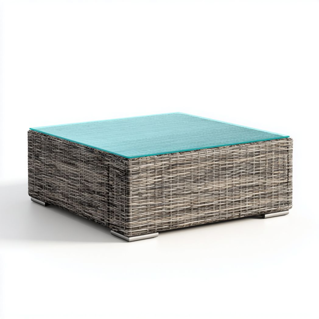 Table basse de jardin carrée en rotin gris avec plateau en verre bleu-vert